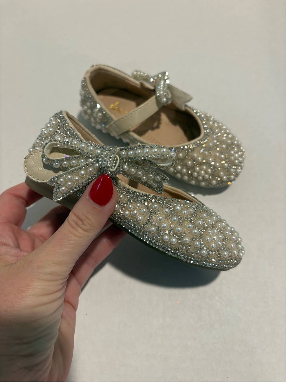 Girls Pearl & Rhinestone Mary Jane Flats - Ivory